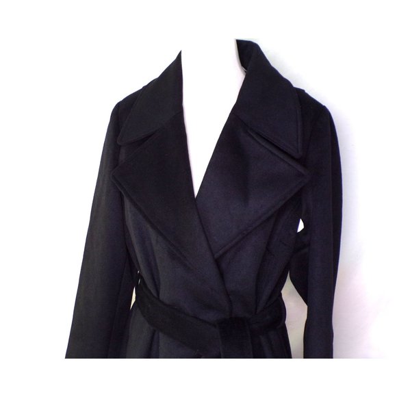 KARL LAGERFELD PARIS Long Wool Blend Belted Wrap Midi Coat Black Large 12-14 NEW - Picture 3 of 7